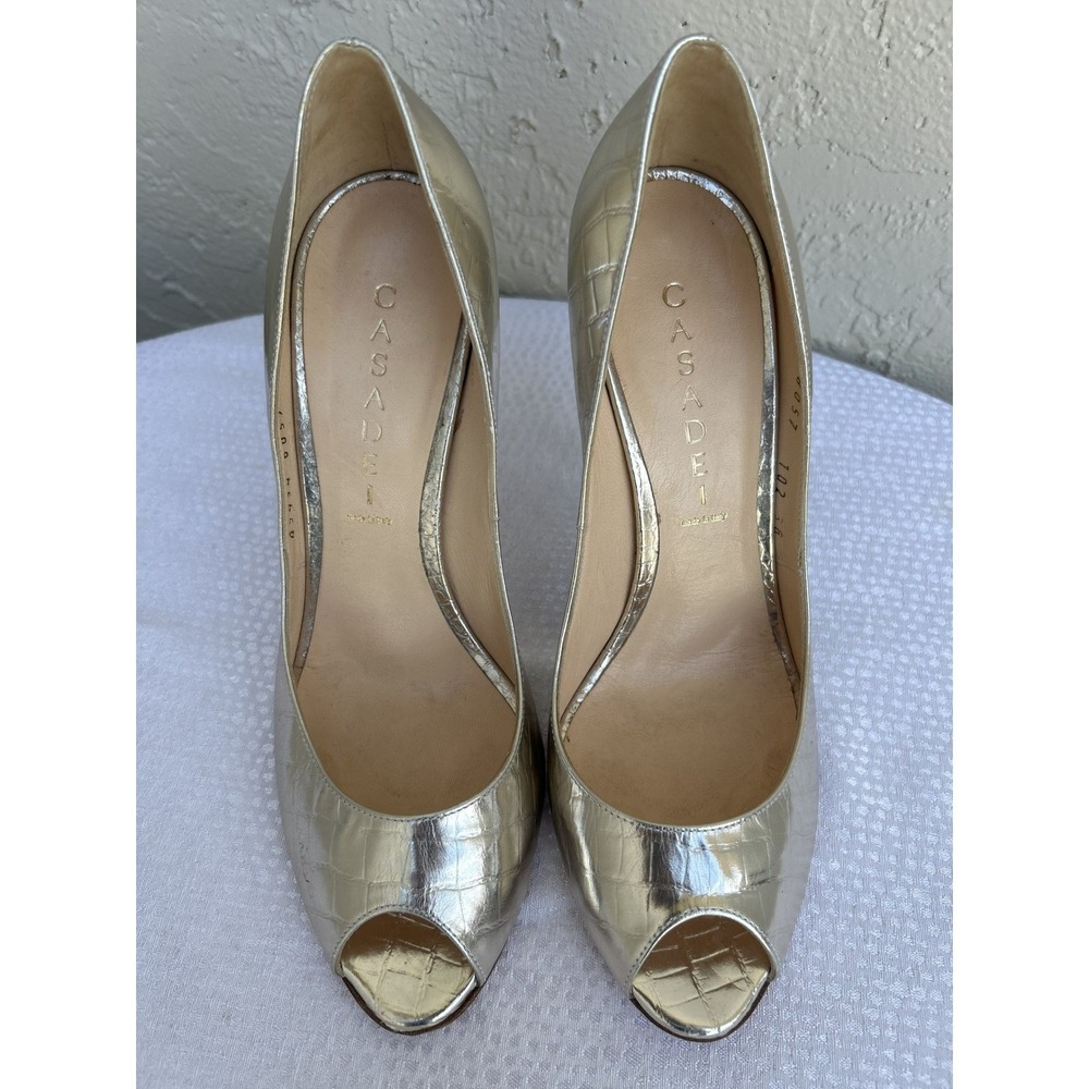 Casadei Gold Metallic Croc Embossed Leather Peep Toe Stiletto Pumps Heels 8